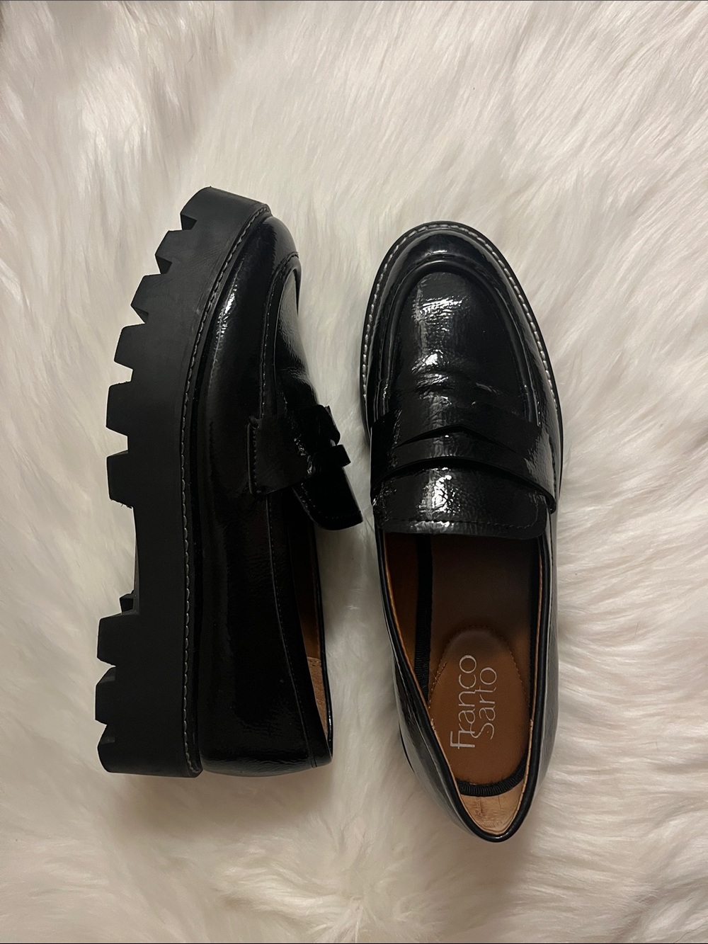 Franco Sarto Women’s Black Patent Leather Lug Sole Loafers